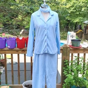 Ladies lightweight fleece pajamas, blue w white polka dots, button front, sz M